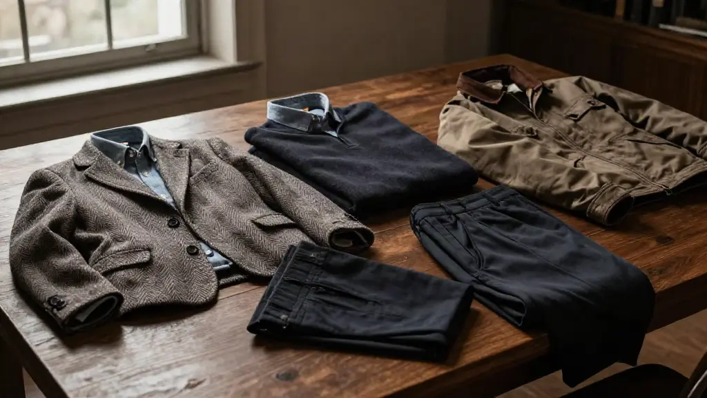 A flat lay of capsule wardrobe staples — tweed blazer, quarter-zip, field jacket, trousers and denim