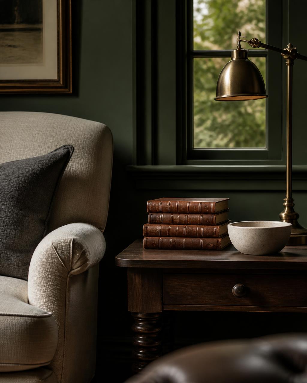 A study corner with evergreen walls, beige linen armchair and brass lamp on a walnut table