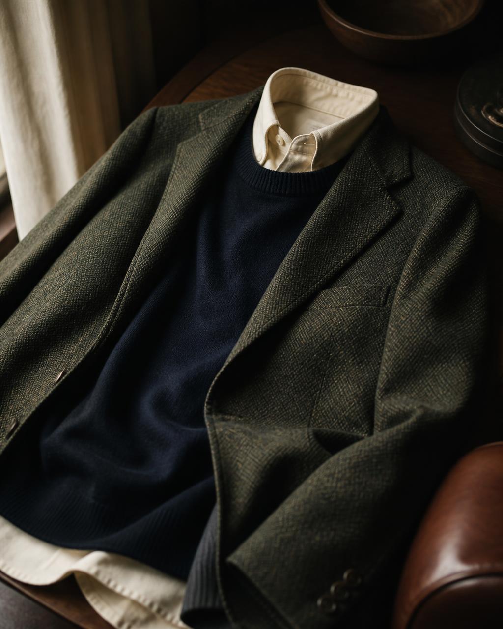 An olive tweed sport coat layered over a navy crewneck and cream oxford shirt