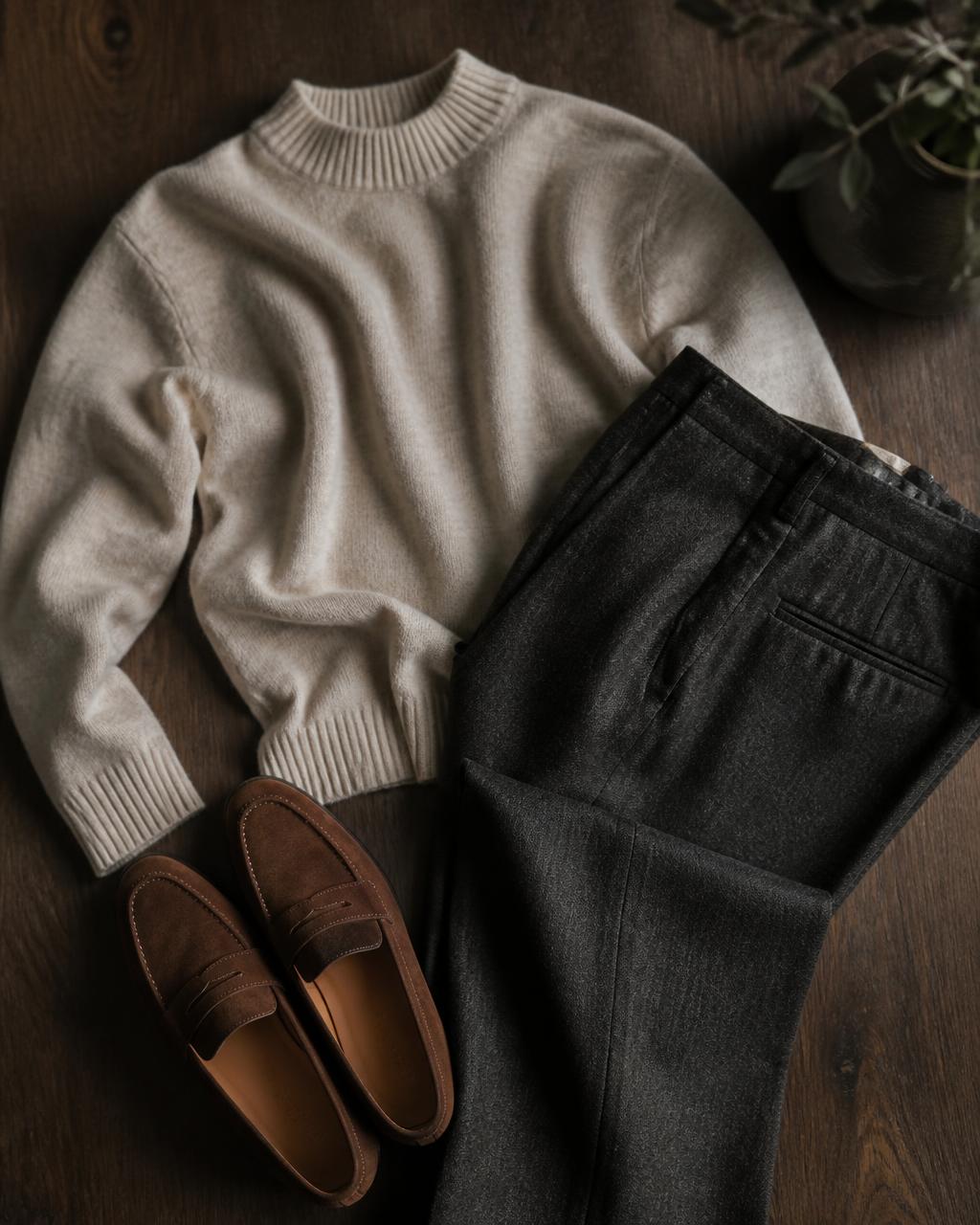 An oatmeal knit sweater, charcoal flannel trousers and brown suede loafers on dark walnut